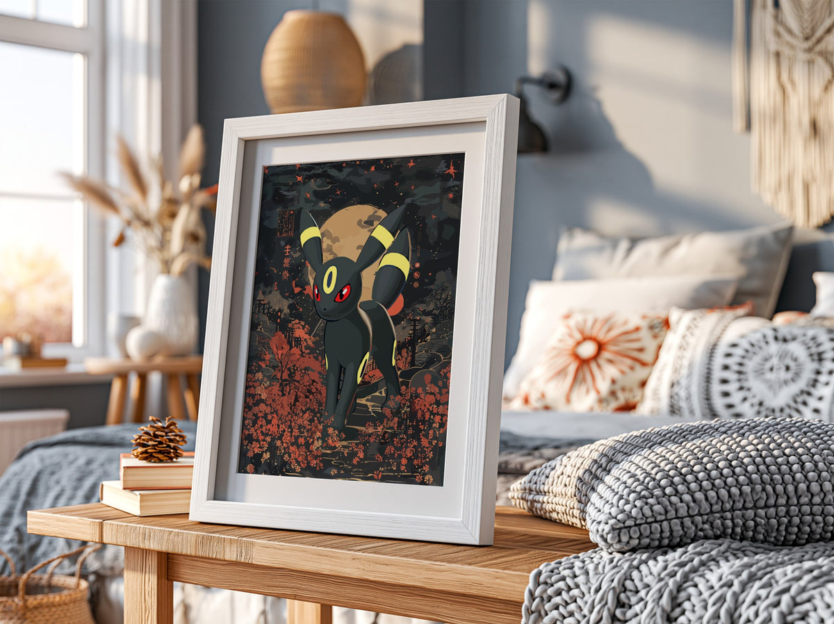 Umbreon character poster with dark palette, full moon, red eyes, and autumn foliage in night scene