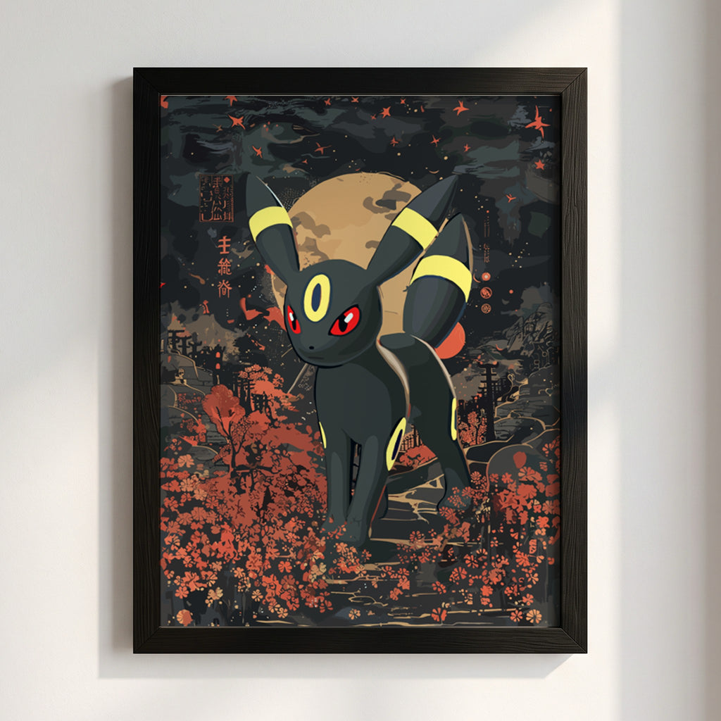 Umbreon character poster with dark palette, full moon, red eyes, and autumn foliage in night scene