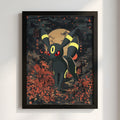 Umbreon character poster with dark palette, full moon, red eyes, and autumn foliage in night scene
