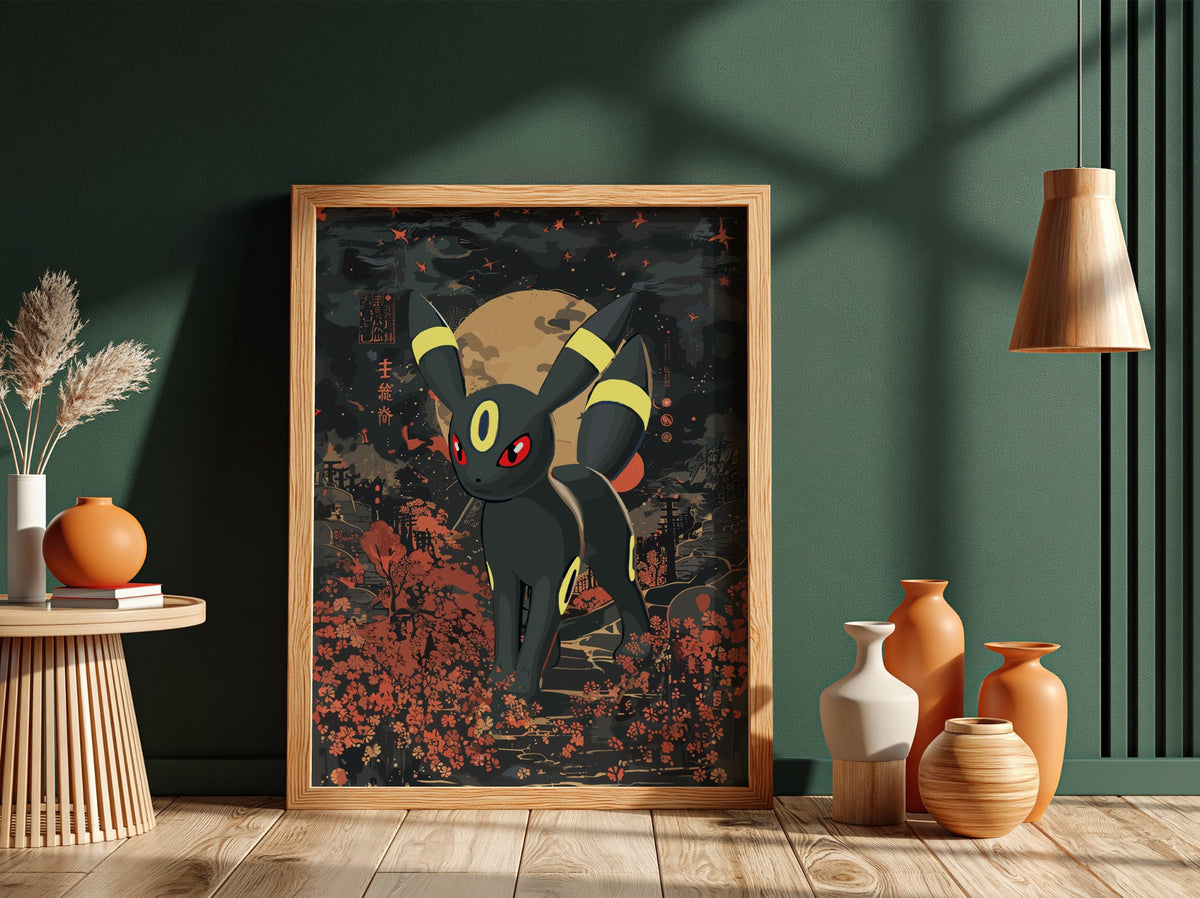 Umbreon character poster with dark palette, full moon, red eyes, and autumn foliage in night scene