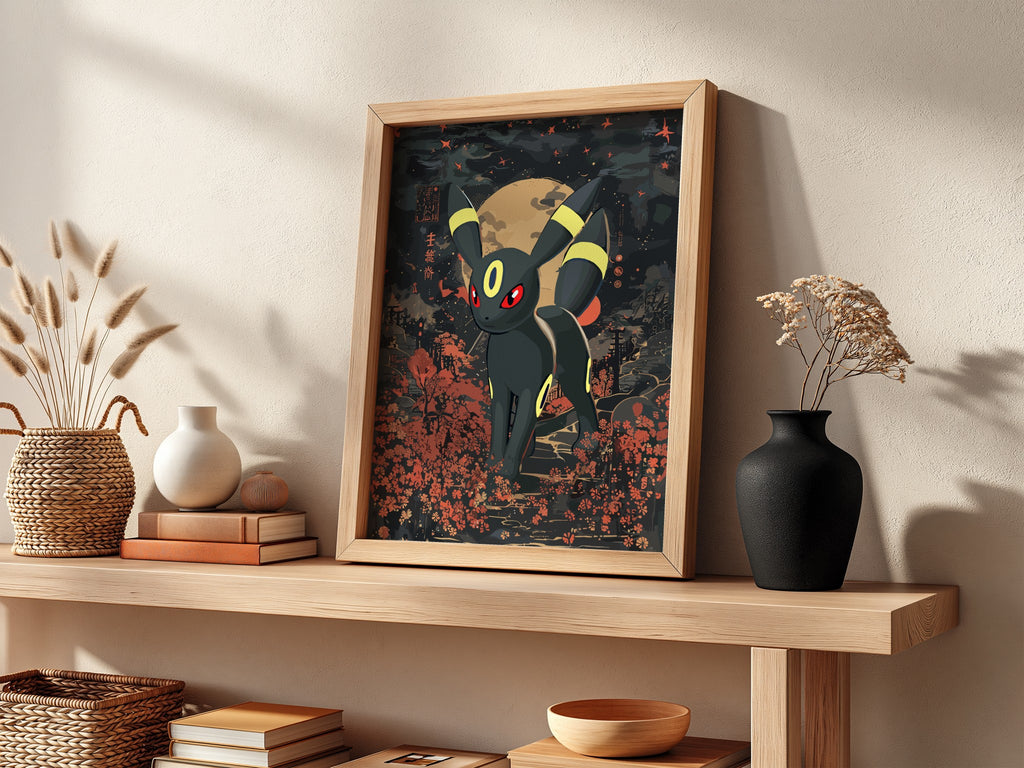 Umbreon character poster with dark palette, full moon, red eyes, and autumn foliage in night scene