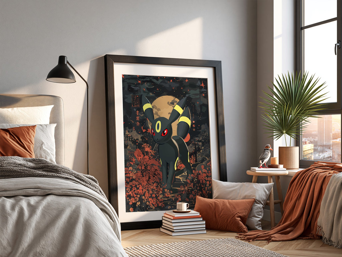 Umbreon character poster with dark palette, full moon, red eyes, and autumn foliage in night scene