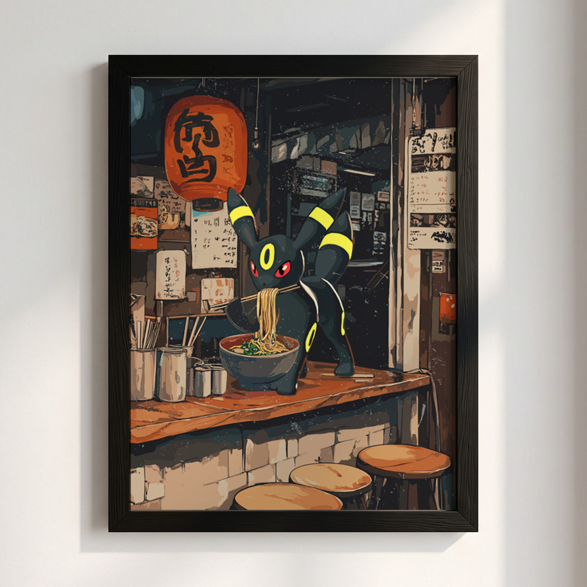 Poster featuring Umbreon Pokémon eating ramen in warm, dark Japanese street style setting