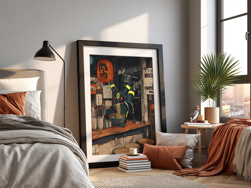 Poster featuring Umbreon Pokémon eating ramen in warm, dark Japanese street style setting