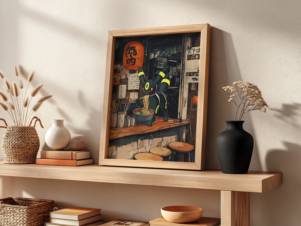 Poster featuring Umbreon Pokémon eating ramen in warm, dark Japanese street style setting