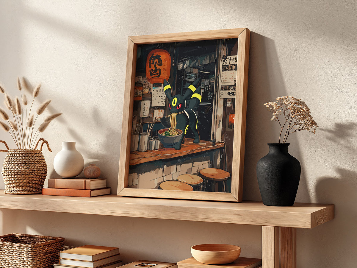 Poster featuring Umbreon Pokémon eating ramen in warm, dark Japanese street style setting