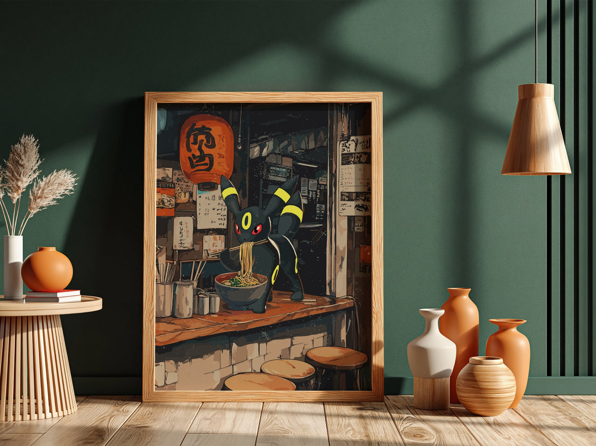 Poster featuring Umbreon Pokémon eating ramen in warm, dark Japanese street style setting