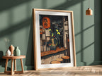 Poster featuring Umbreon Pokémon eating ramen in warm, dark Japanese street style setting