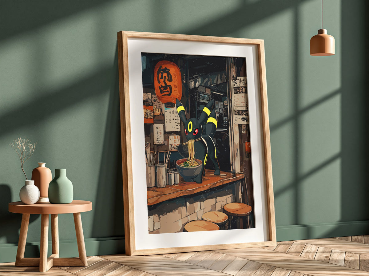 Poster featuring Umbreon Pokémon eating ramen in warm, dark Japanese street style setting