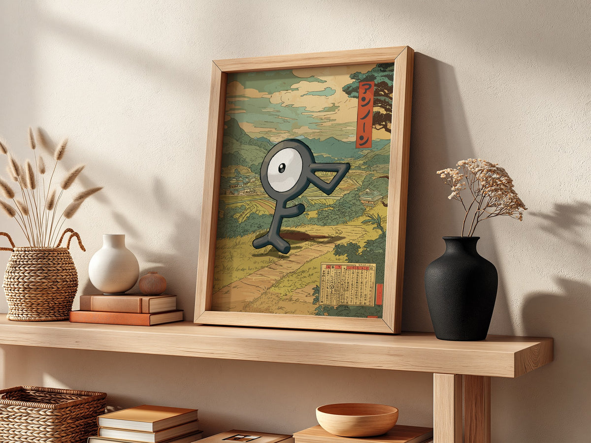 Framed Unown character poster with muted earth tones and vintage Japanese countryside background, red