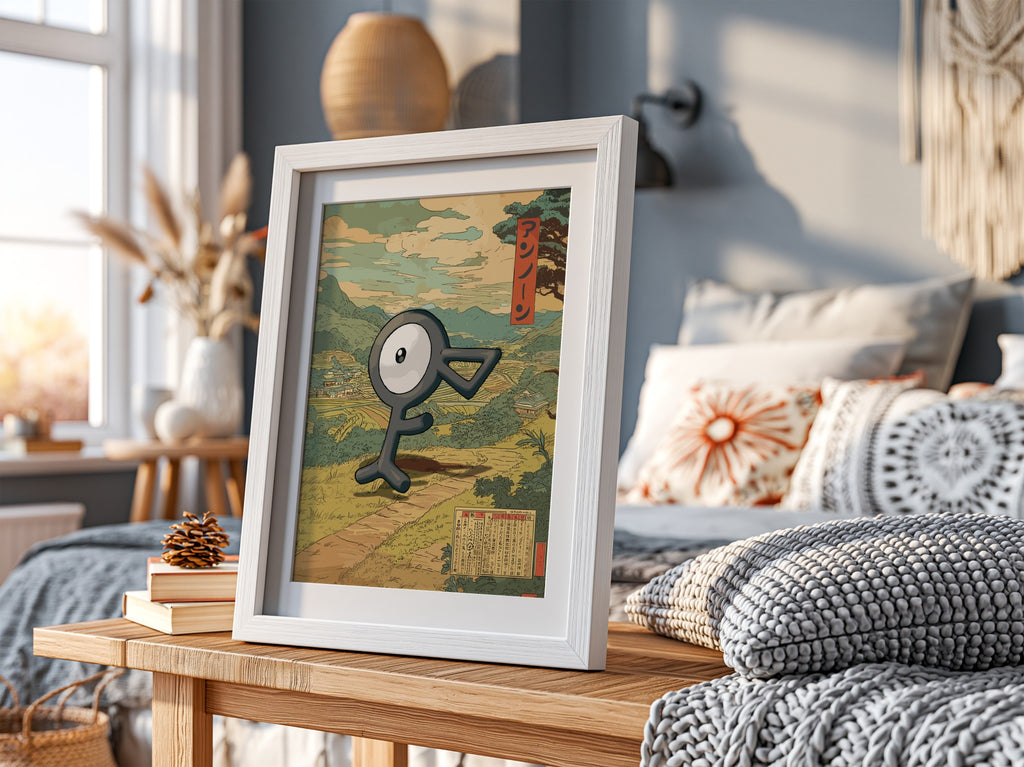 Framed Unown character poster with muted earth tones and vintage Japanese countryside background, red
