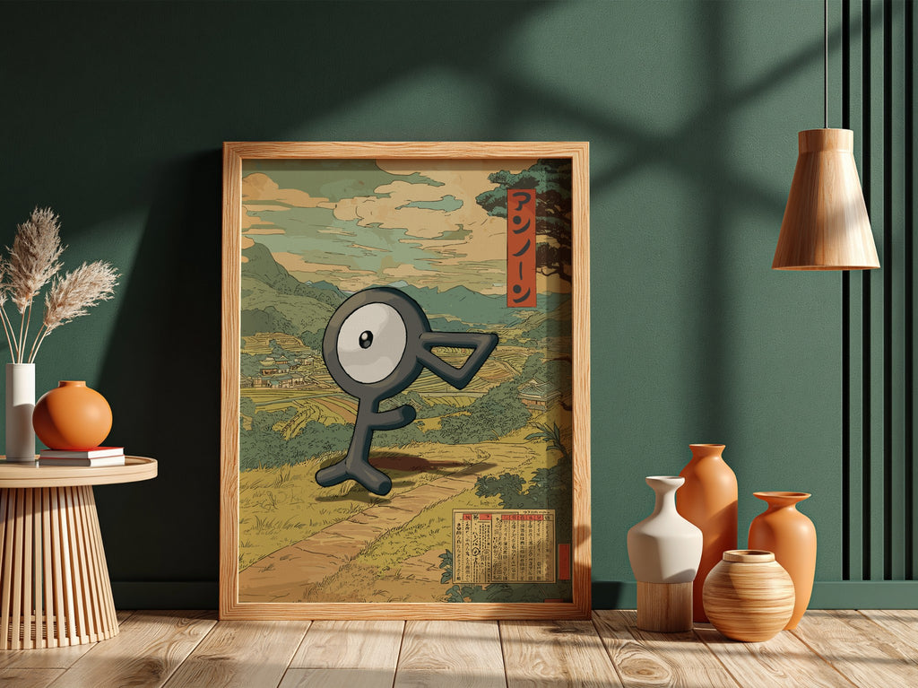 Framed Unown character poster with muted earth tones and vintage Japanese countryside background, red