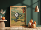 Framed Unown character poster with muted earth tones and vintage Japanese countryside background, red