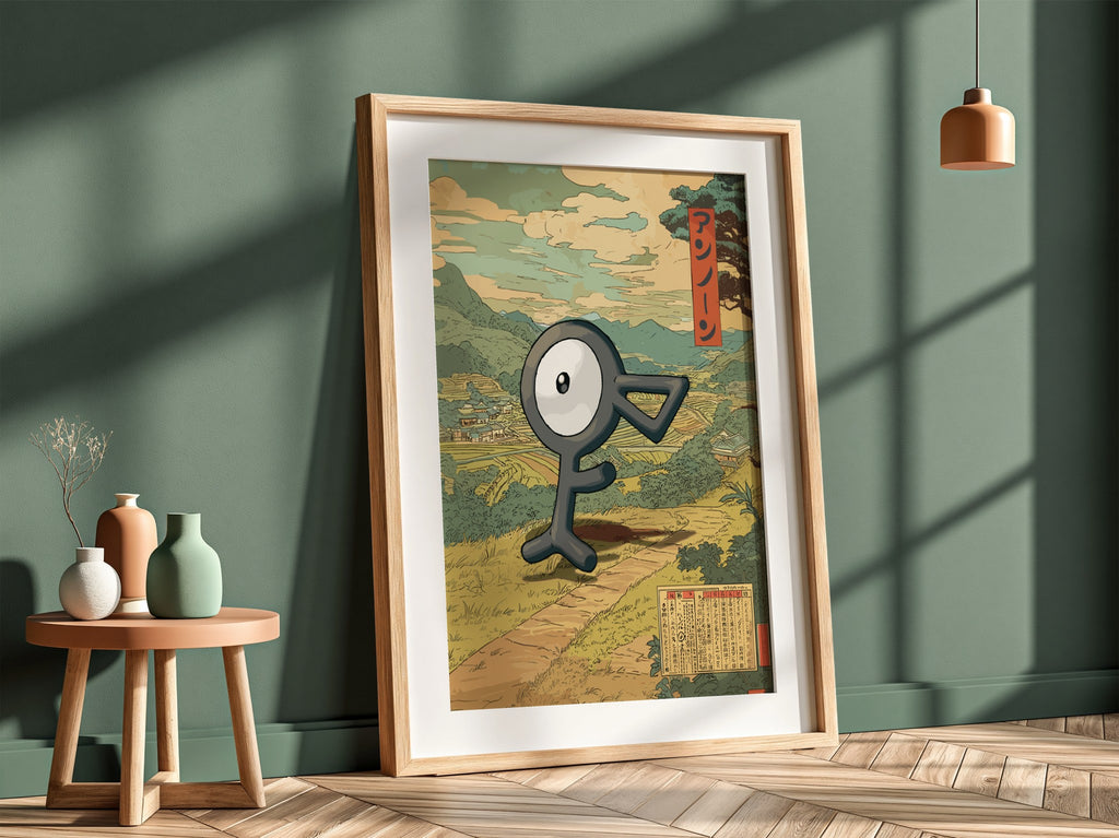 Framed Unown character poster with muted earth tones and vintage Japanese countryside background, red