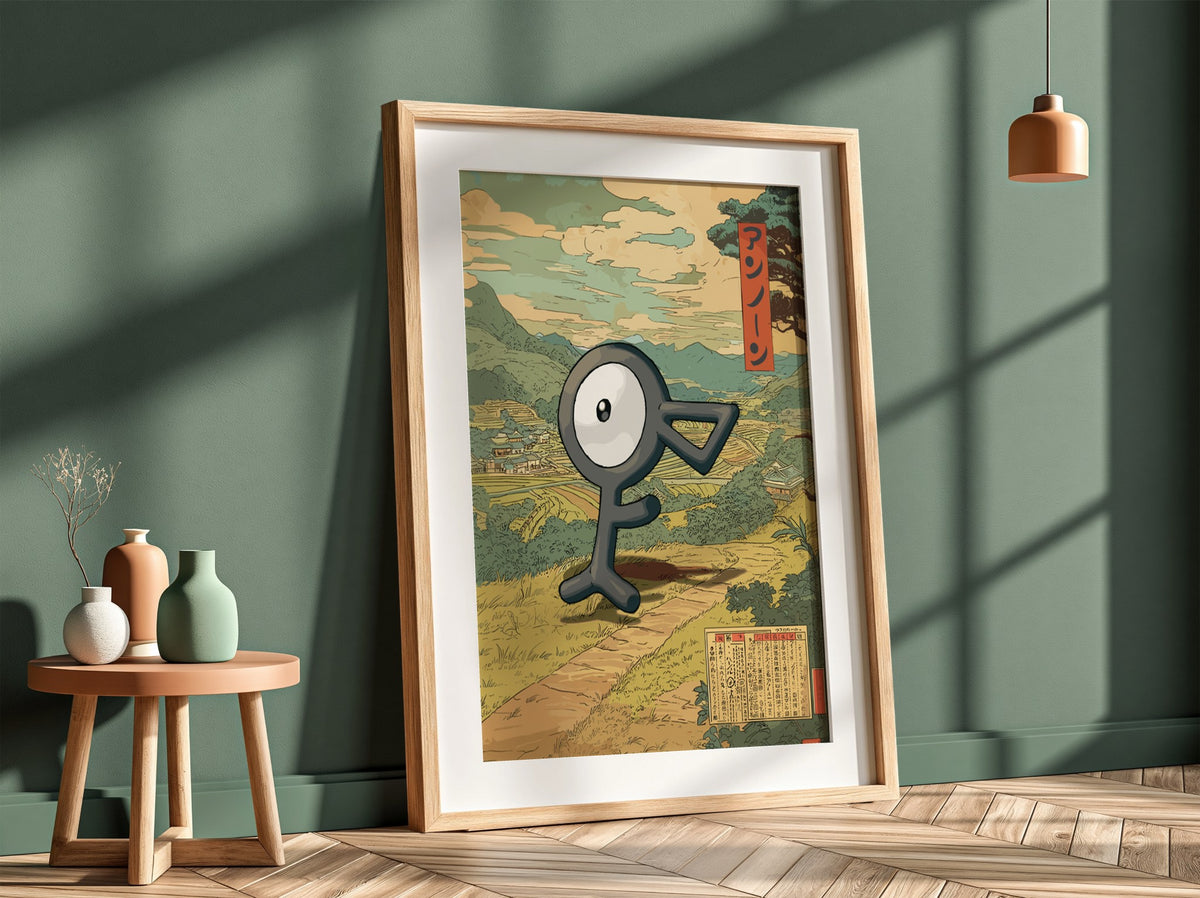 Framed Unown character poster with muted earth tones and vintage Japanese countryside background, red