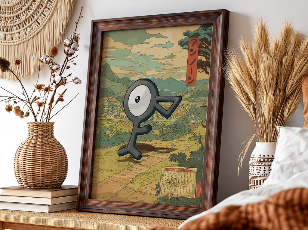 Framed Unown character poster with muted earth tones and vintage Japanese countryside background, red