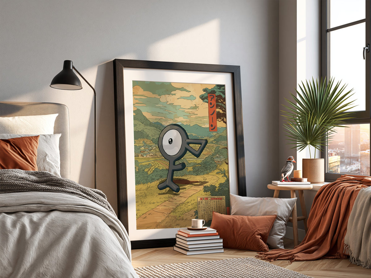Framed Unown character poster with muted earth tones and vintage Japanese countryside background, red