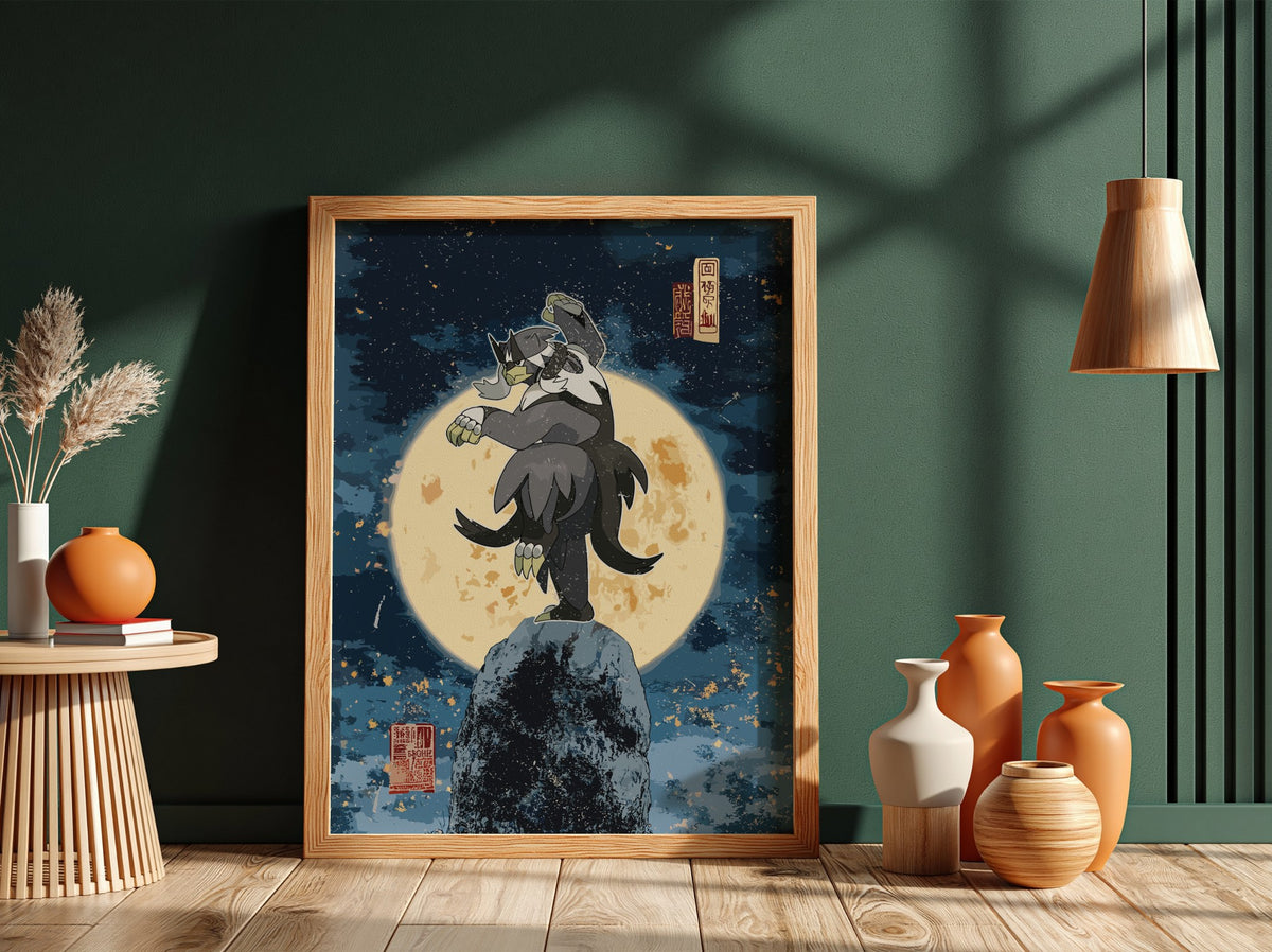 Poster of Urshifu standing on rock with glowing full moon and starry night sky in Japanese art style