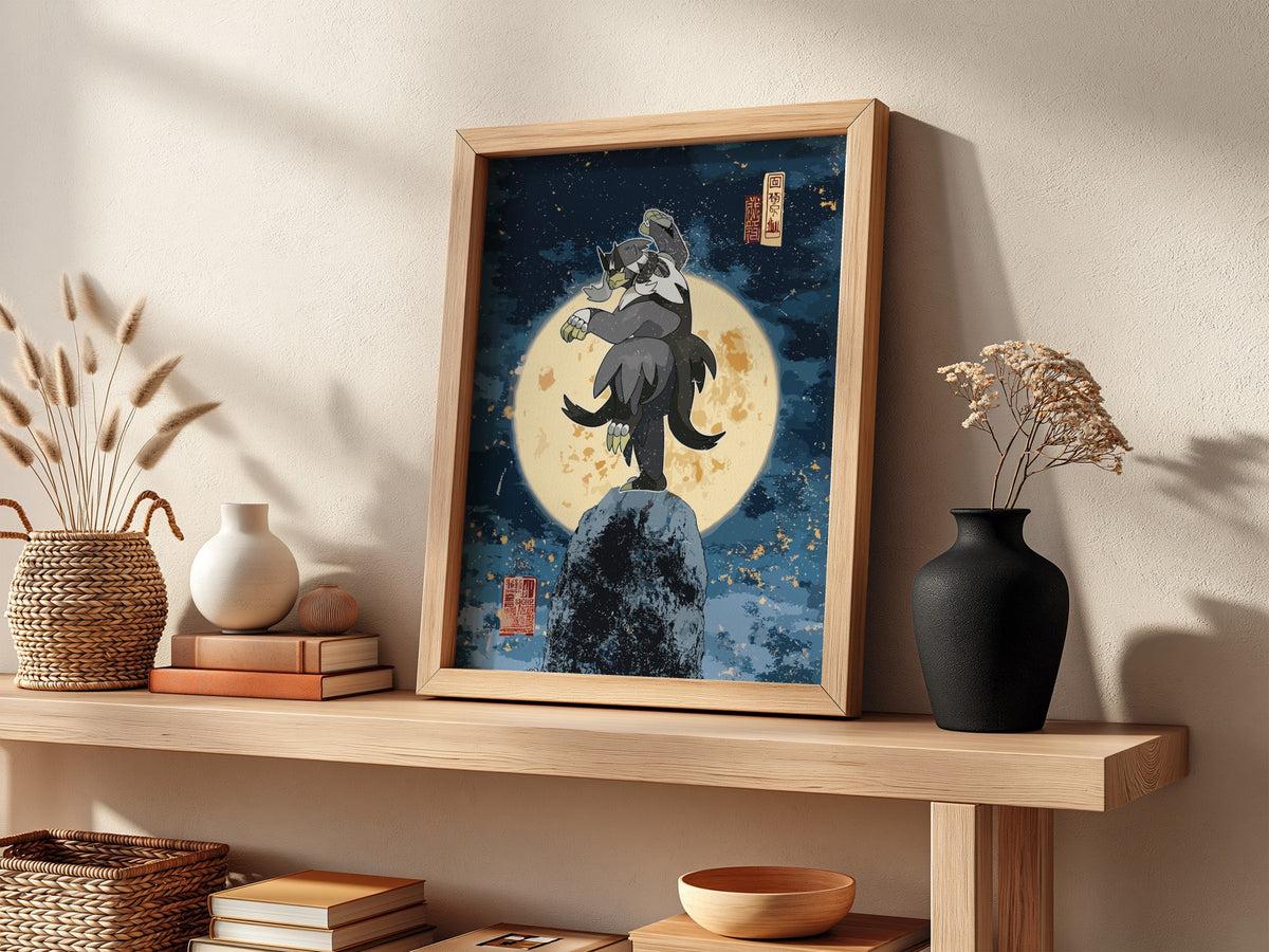 Poster of Urshifu standing on rock with glowing full moon and starry night sky in Japanese art style