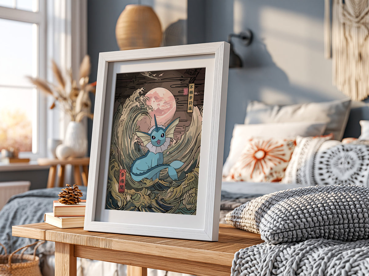 Pokemon poster featuring Vaporeon with blue tones and Japanese wave style under pink moon