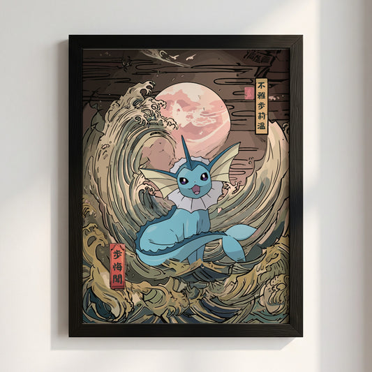 Pokemon poster featuring Vaporeon with blue tones and Japanese wave style under pink moon