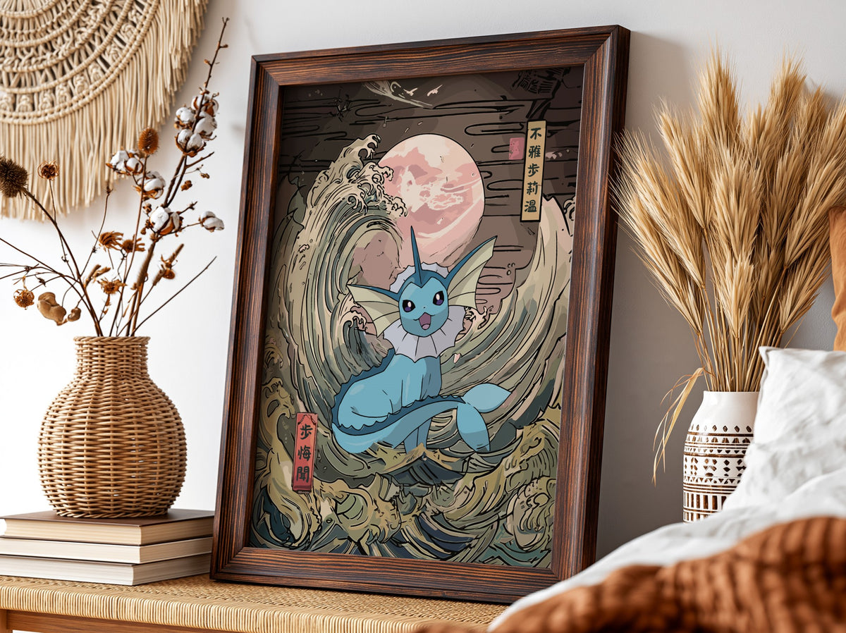 Pokemon poster featuring Vaporeon with blue tones and Japanese wave style under pink moon