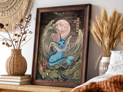 Pokemon poster featuring Vaporeon with blue tones and Japanese wave style under pink moon