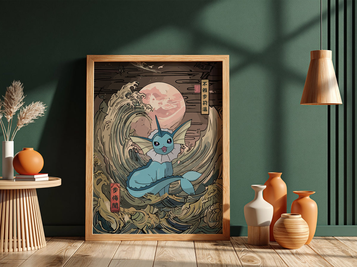 Pokemon poster featuring Vaporeon with blue tones and Japanese wave style under pink moon