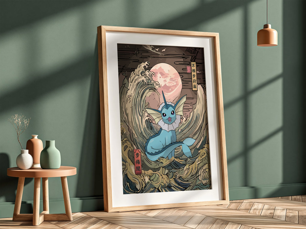 Pokemon poster featuring Vaporeon with blue tones and Japanese wave style under pink moon