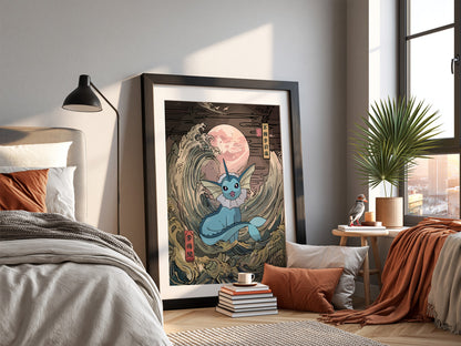 Pokemon poster featuring Vaporeon with blue tones and Japanese wave style under pink moon