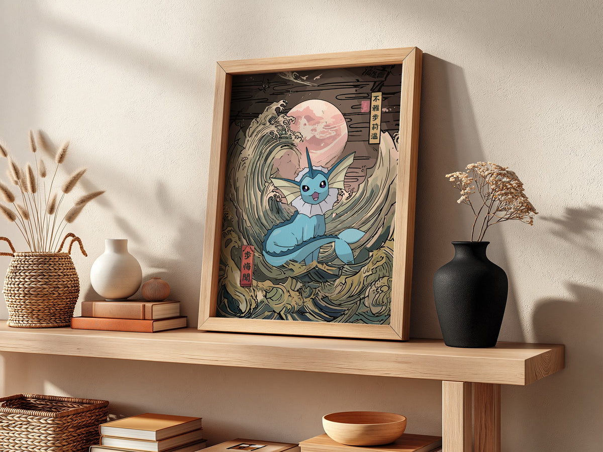 Pokemon poster featuring Vaporeon with blue tones and Japanese wave style under pink moon
