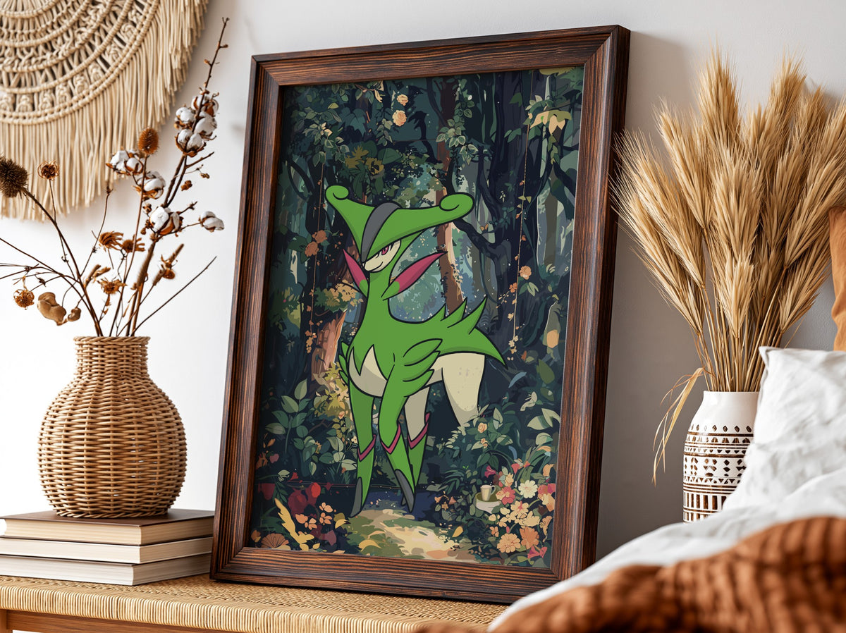 Poster of Virizion in vibrant green hues standing in a detailed forest with lush foliage and flowers