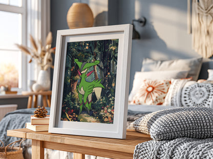Poster of Virizion in vibrant green hues standing in a detailed forest with lush foliage and flowers