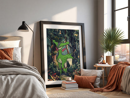 Poster of Virizion in vibrant green hues standing in a detailed forest with lush foliage and flowers