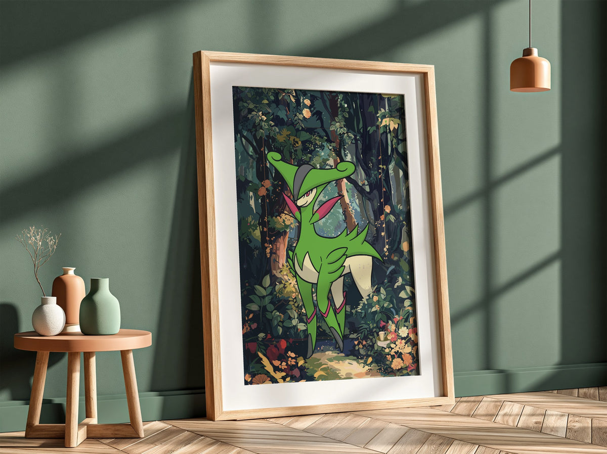 Poster of Virizion in vibrant green hues standing in a detailed forest with lush foliage and flowers