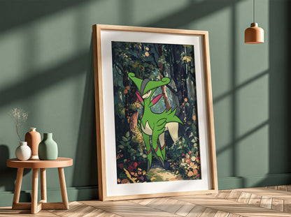 Poster of Virizion in vibrant green hues standing in a detailed forest with lush foliage and flowers
