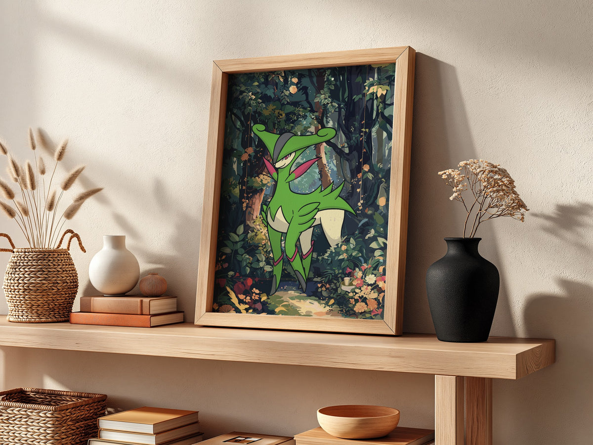 Poster of Virizion in vibrant green hues standing in a detailed forest with lush foliage and flowers