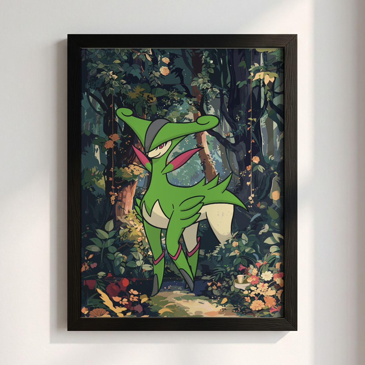 Poster of Virizion in vibrant green hues standing in a detailed forest with lush foliage and flowers