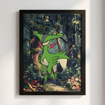 Poster of Virizion in vibrant green hues standing in a detailed forest with lush foliage and flowers