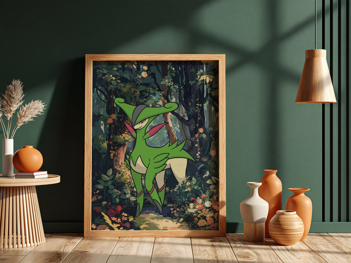Poster of Virizion in vibrant green hues standing in a detailed forest with lush foliage and flowers
