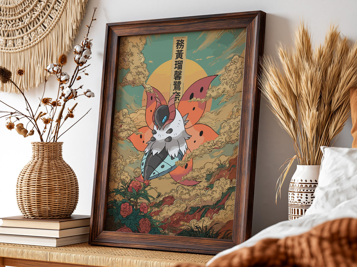 Volcarona poster with fiery orange wings, teal sky, Japanese style clouds, and blooming roses