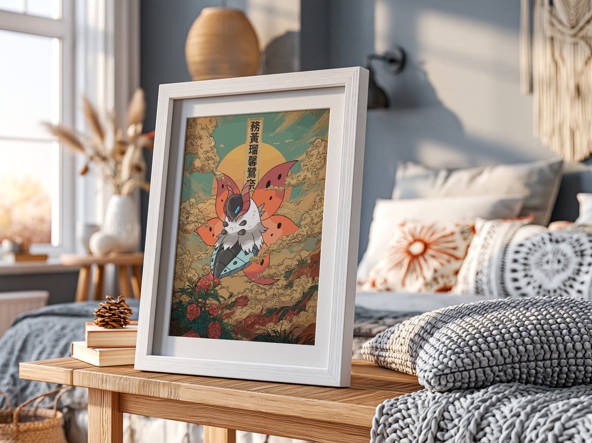 Volcarona poster with fiery orange wings, teal sky, Japanese style clouds, and blooming roses