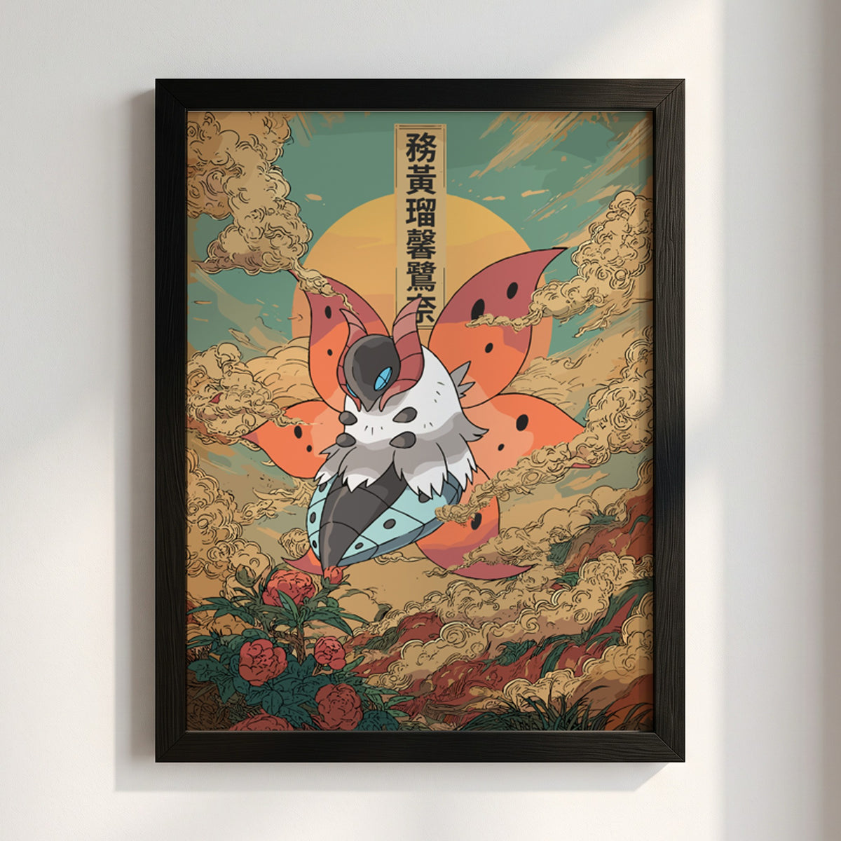 Volcarona poster with fiery orange wings, teal sky, Japanese style clouds, and blooming roses