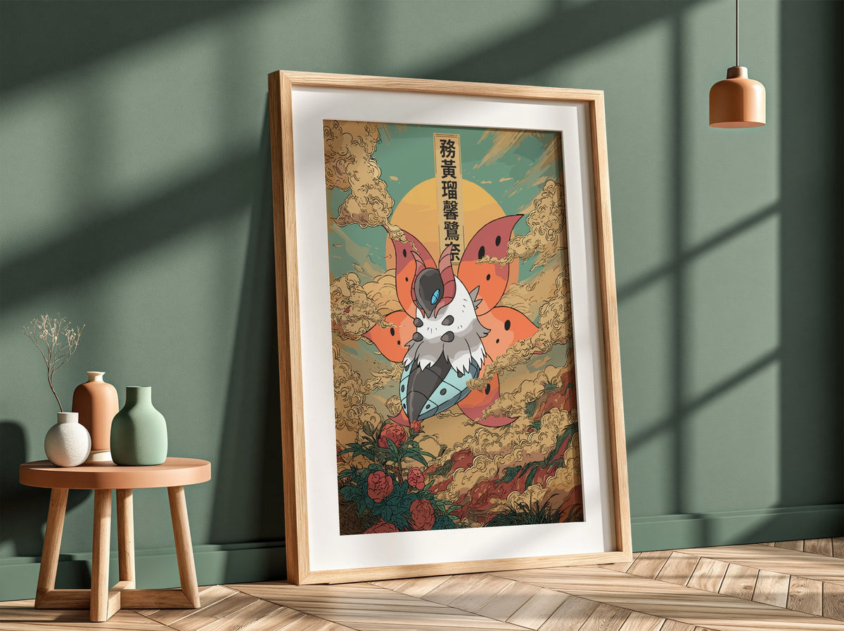Volcarona poster with fiery orange wings, teal sky, Japanese style clouds, and blooming roses