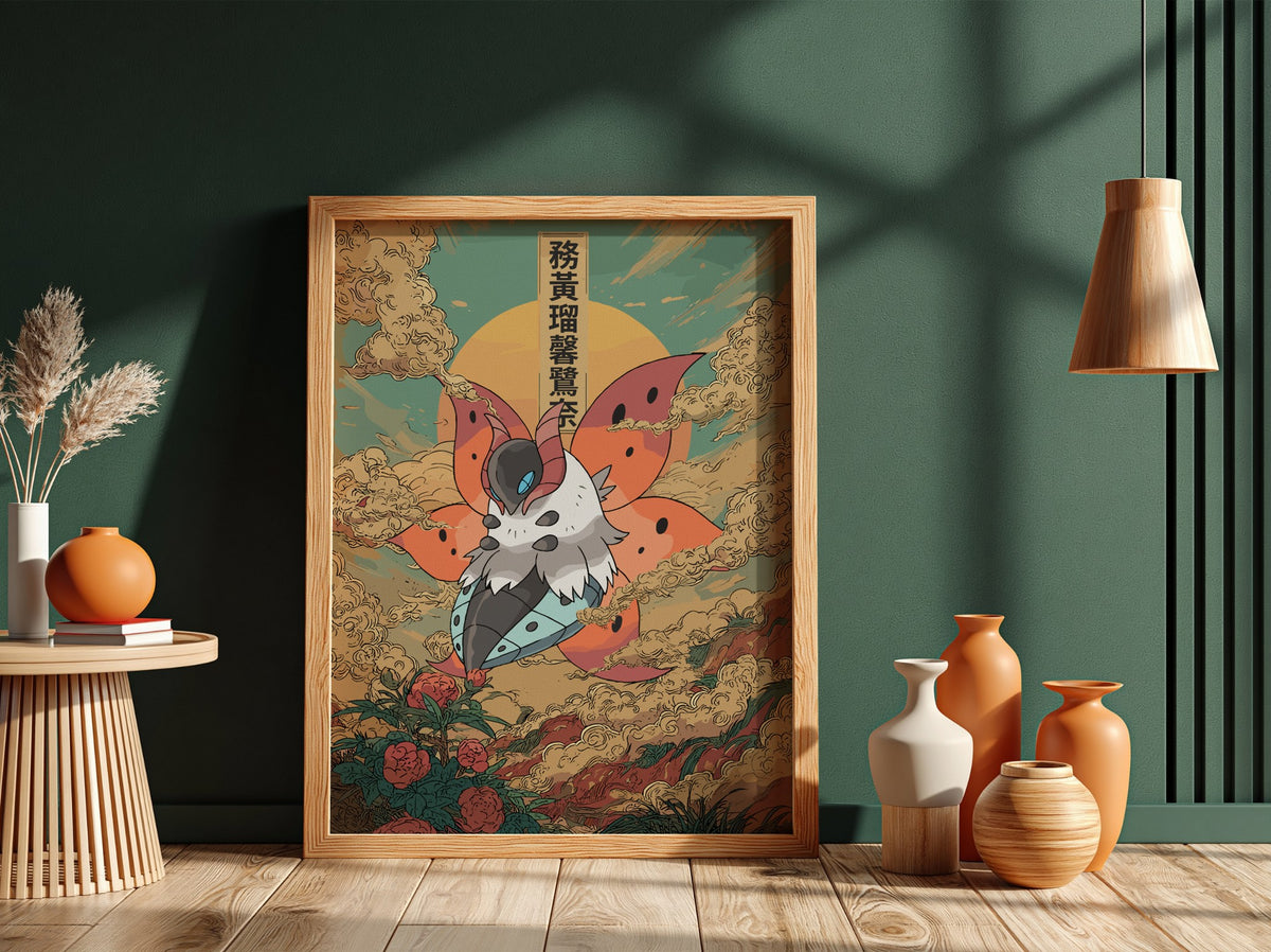 Volcarona poster with fiery orange wings, teal sky, Japanese style clouds, and blooming roses
