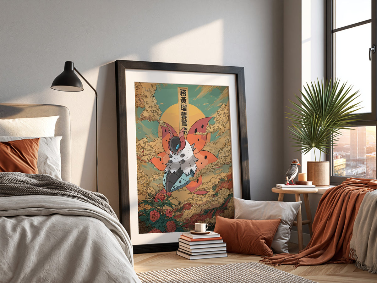 Volcarona poster with fiery orange wings, teal sky, Japanese style clouds, and blooming roses