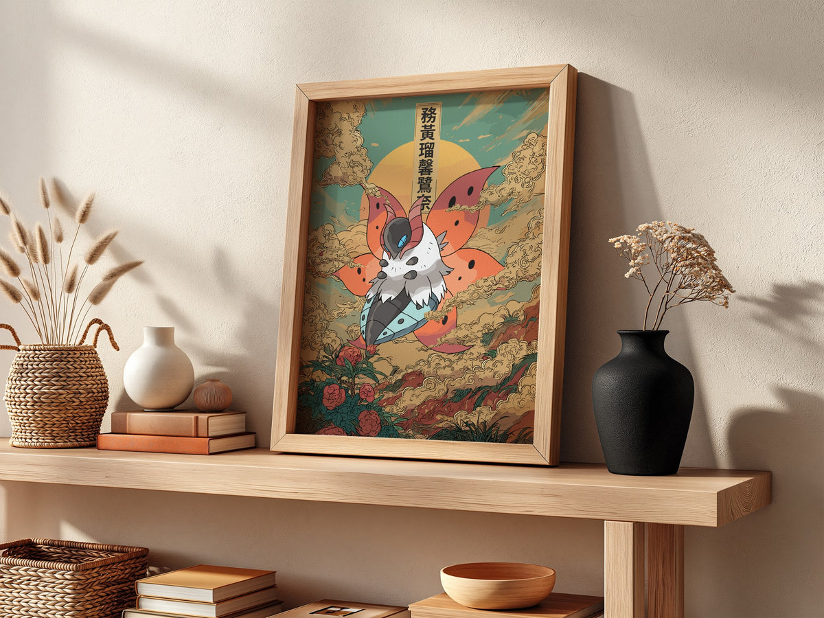 Volcarona poster with fiery orange wings, teal sky, Japanese style clouds, and blooming roses