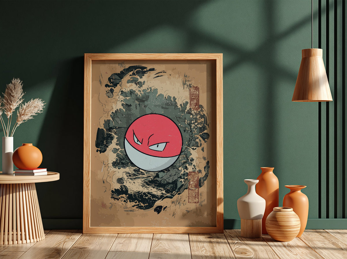 Poster featuring Voltorb with red and white colors, Japanese wave style background in blue and earth tones