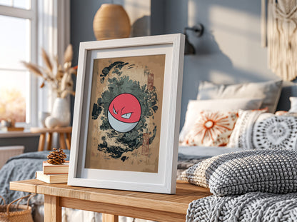 Poster featuring Voltorb with red and white colors, Japanese wave style background in blue and earth tones