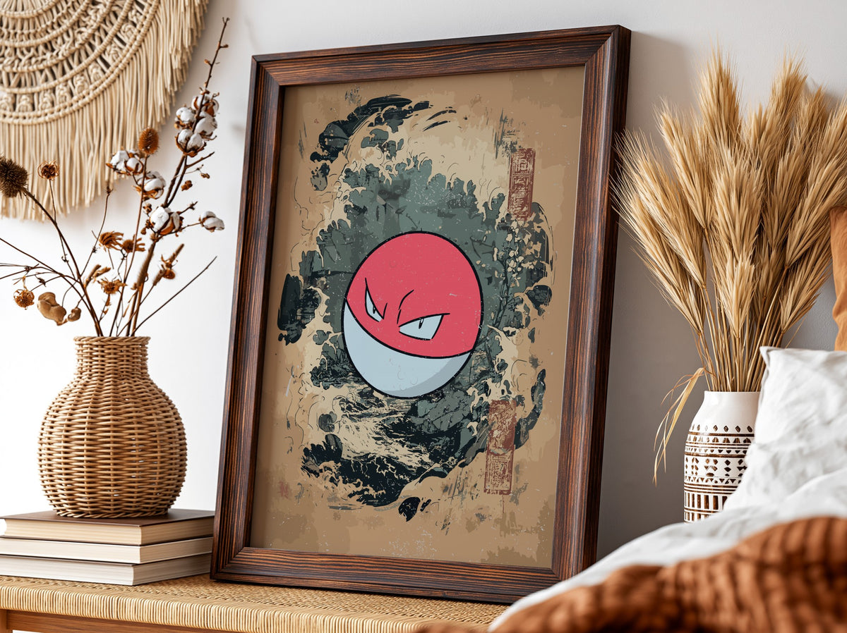 Poster featuring Voltorb with red and white colors, Japanese wave style background in blue and earth tones